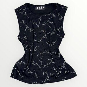 Vintage JKLA Womens Silver Glitter Branches Waist Length Black Sleeveless Top